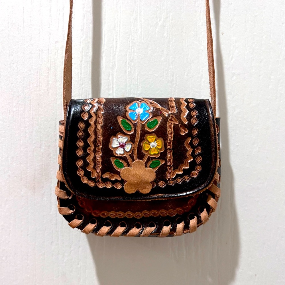 Handcrafted Floral Brown Leather Crossbody Micro Bag